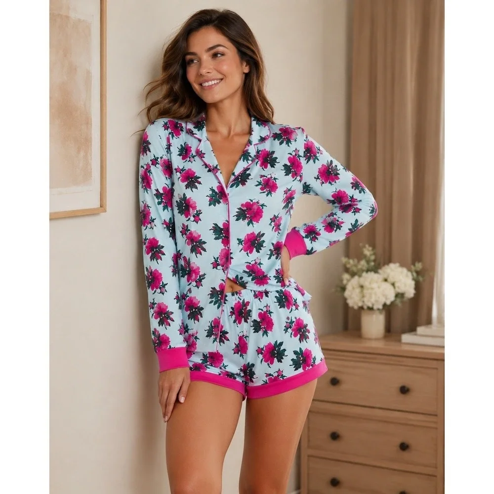 Cosabella Bella Floral Pajama Set Lagoon Mint‎ & Fuchsia Luxury Sleepwear